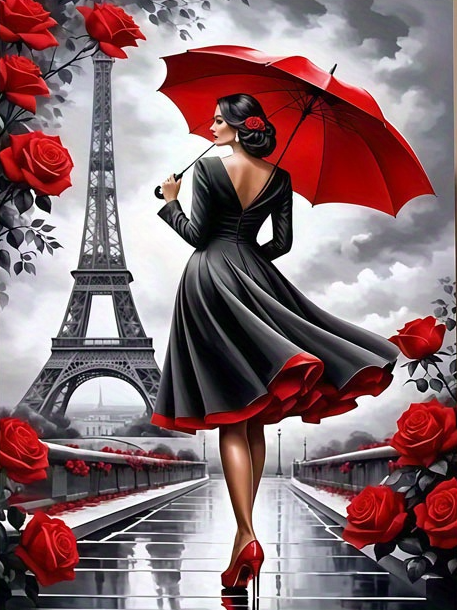 Vintage Fashion Sketches - Paris Eiffel Tower Lady With Red