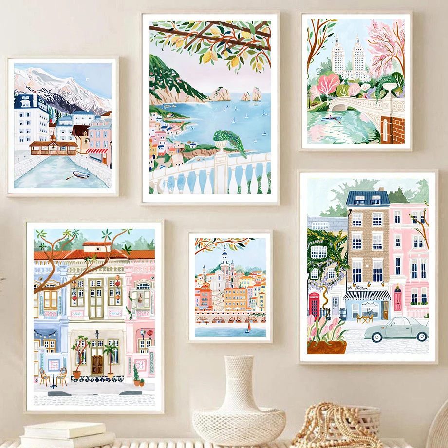 Vintage Fashion Prints For Wall - City Street Park Vintage Tram Coastal